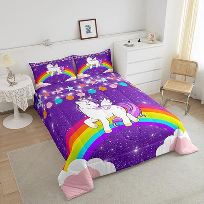 Girls Unicorn Comforter Set Twin Rainbow Bedding Set Cute Unicorn Glitter Down Comforter Kids Cartoon Kawaii Quilt Set Galaxy Stars Fantasy Room Decor Children Girly Unicorn Reversible Purple