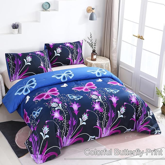 WINLIFE Butterfly Comforter Set Full Size for Girls Purple Blue Black Butterflies Printed Bedding Set for All Season, Soft Breathable & Light Bed Sets