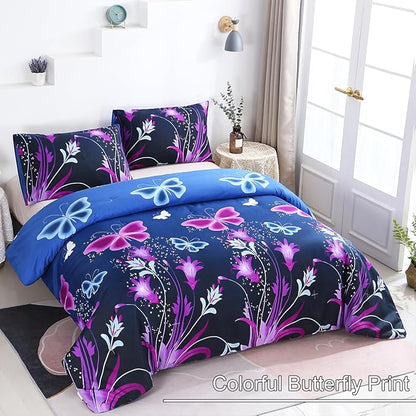 WINLIFE Butterfly Comforter Set Full Size for Girls Purple Blue Black Butterflies Printed Bedding Set for All Season, Soft Breathable & Light Bed Sets
