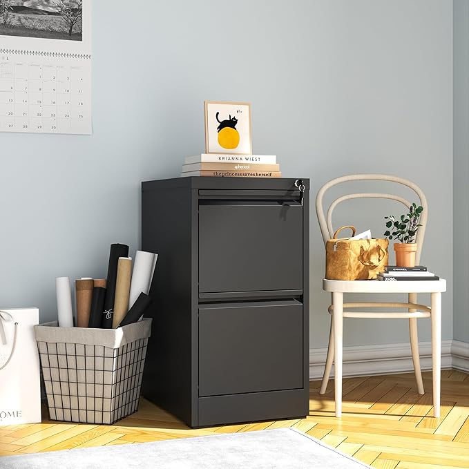 2 Drawer File Cabinet with Lock, Metal Vertical Filing Cabinets for Home Office, Steel Storage Cabinet for Hanging Legal/Letter Size Files, Assembly Required (Black)
