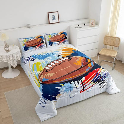 Boys Football Comforter Set Twin Kids Teen Sports Bedding Set Bedroom Decor,Watercolor Tie Dye Hand Drawn Graffiti Football Bedding Comforter Sets Rugby Quilt Duvet 1 Pillow Case Colorful Brown