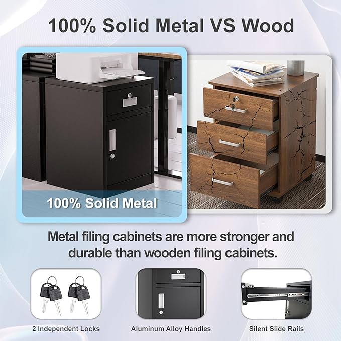 File Cabinet with Lock, Under Desk Locking Cabinet,Filing Cabinet for Home Office,Metal Filing Cabinet,Printer Stand Cabinet (Black)