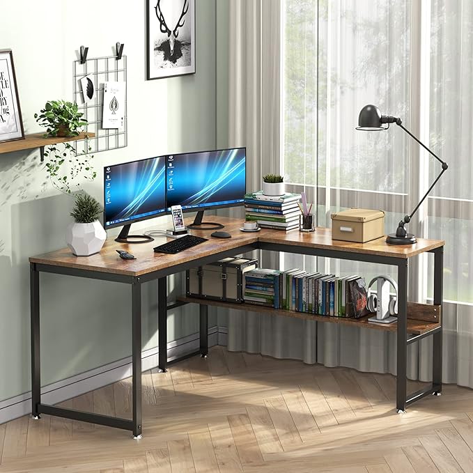 L Shaped Desk, Office Computer Corner Desk, 55 inch Home Gaming Desk Table, Writing Study Workstation with Storage Shelves for Home Office, Space-Saving, Industrial, Rustic Brown
