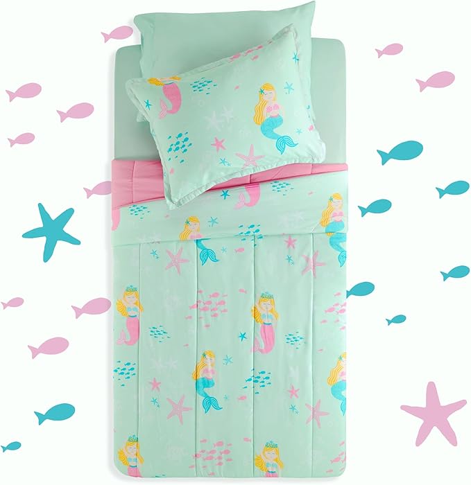 SLEEP ZONE 3 Pieces Comforter Set, Breathable & Super Soft All Season Kids Comforter Set, Cartoon Design for Children, Girls, Easy Care, Washable (Mermaid Princess, Full/Queen)