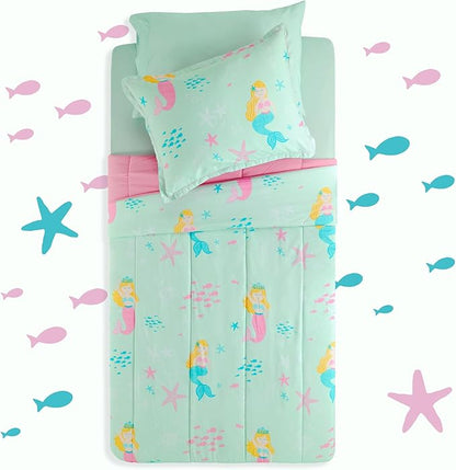 SLEEP ZONE Kids Bedding Comforter Set, Cute Pattern & Super Soft 2 Pieces Bedding Sets, All Season for Girls, 1 Comforter, 1 Pillowcase, Fade Resistant (Mermaid Princess, Twin)