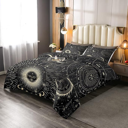 Erosebridal Bohemian Sun Moon Comforter Set Full Size, Constellation Down Comforter, Starry Sky Quilted Duvet, Exotic Style Black Room Decor Duvet Insert,Super Soft Breathable