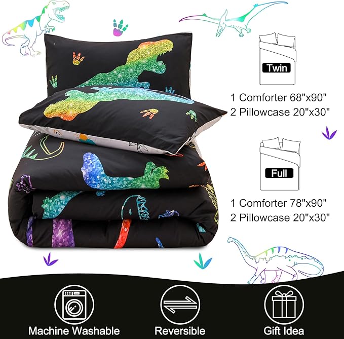 Meeting Story Dinosaur Comforter Set,Gradation Fluorescence Dinosaur Full Comforter Set, 3 PCS 1 Comforter and 2 Pillowcases in One Bag, All Season Bedspread for Kids Teens Adults（Full）