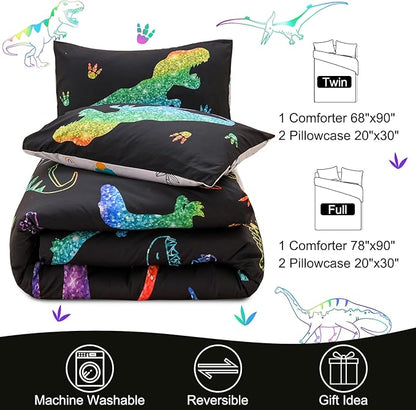Meeting Story Dinosaur Comforter Set,Gradation Fluorescence Dinosaur Full Comforter Set, 3 PCS 1 Comforter and 2 Pillowcases in One Bag, All Season Bedspread for Kids Teens Adults（Full）