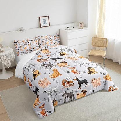 Kids Cute Dog Comforter Set Cartoon Dogs Bedding Set for Boys Girls Pet Dog Puppy Animal Lover Comforter Lovely Dog Paw Comforter for All Season Room Decor King Size Boys