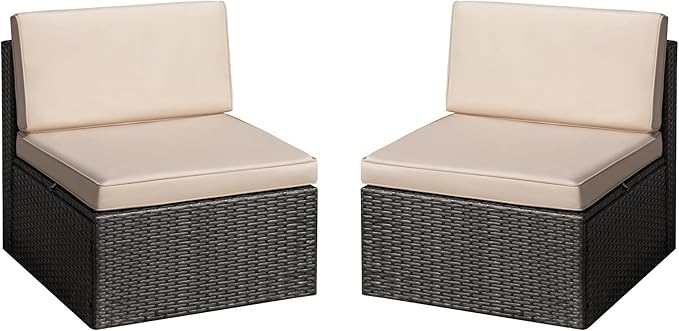 Greesum 2 Piece Patio Conversation Set Wicker Rattan Furniture Outdoor Sofa with Cushions,Pillows and Glass Table for Porch,Lawn and Yard, Beige