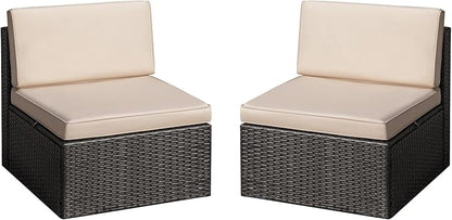 Greesum 2 Piece Patio Conversation Set Wicker Rattan Furniture Outdoor Sofa with Cushions,Pillows and Glass Table for Porch,Lawn and Yard, Beige