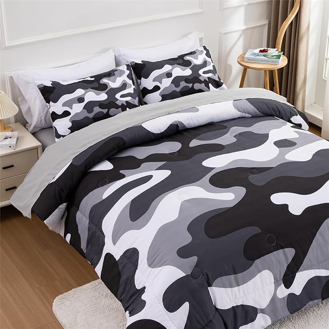 Meeting Story Camouflage Bedding Set, Colorful Pattern Style Comforter Set, 5 PCS One Comforter Two Pillowcases Two Sheets in One Bag, All Season Bedspread for Teens Adults (Grey,Full5pcs