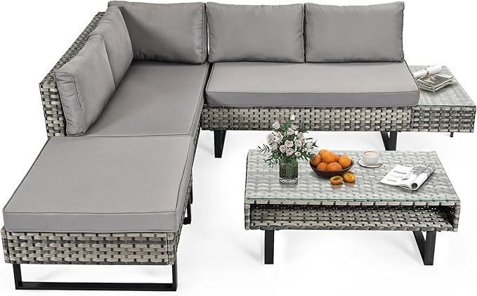 DWVO Patio Furniture Set, Sectional L-Shaped Sofa, for Patio Backyard Poolside Porch, Wicker Conversation Set with Coffee Table & Cushions, Detachable Lounger, All-Weather Rattan, Grey
