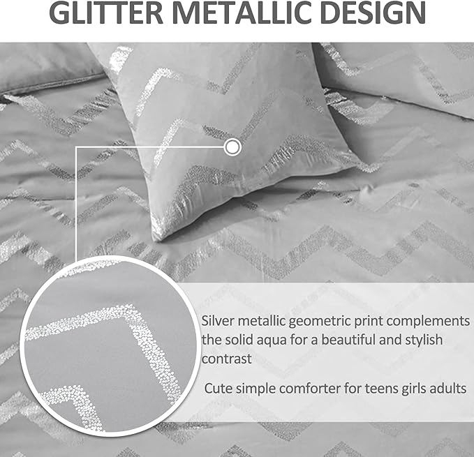 Grey and Silver Comforter Set Twin Size Metallic Print Geometric Bedding Set Lightweight Microfiber Comforter for Teen Girls Boys Women (1 Pillow Sham + 1 Decorative Pillow Sham)