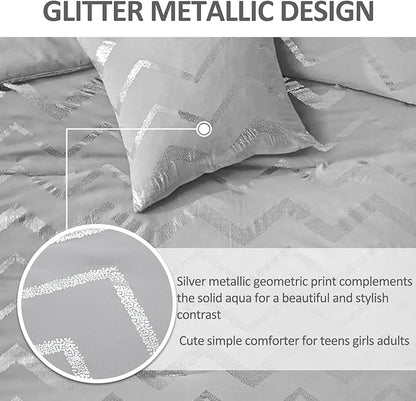 Grey and Silver Comforter Set King Size, Metallic Print Geometric Bedding Set, 4 Piece Lightweight Microfiber Comforter for Teen Girls Boys Women (2 Pillow Shams + 1 Decorative Pillow Sham)