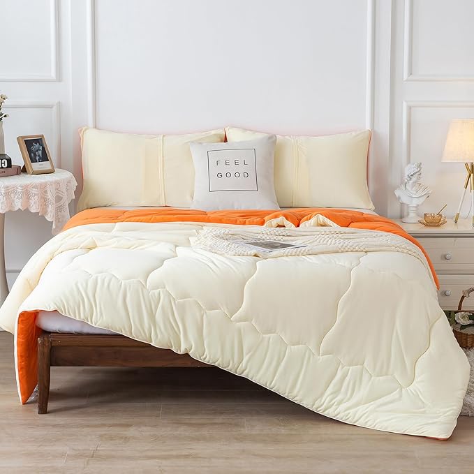 COTTEBED Reversible Softness Bright Orange and Beige King Size Comforter Set Clearance, Jersey Knit T-Shirt Feel California King Cozy Bedding Down Blanket Quilt & Pillowsham for Women Men All Season