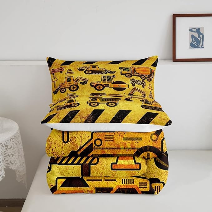 Tractor Bedding Set King Size, Equipment Truck Comforter Set, Construction Excavator Down Comforter, Yellow Vehicle Super Soft Quilt Set for Kids Boys Teens, Construction Site Car Comforter Decor