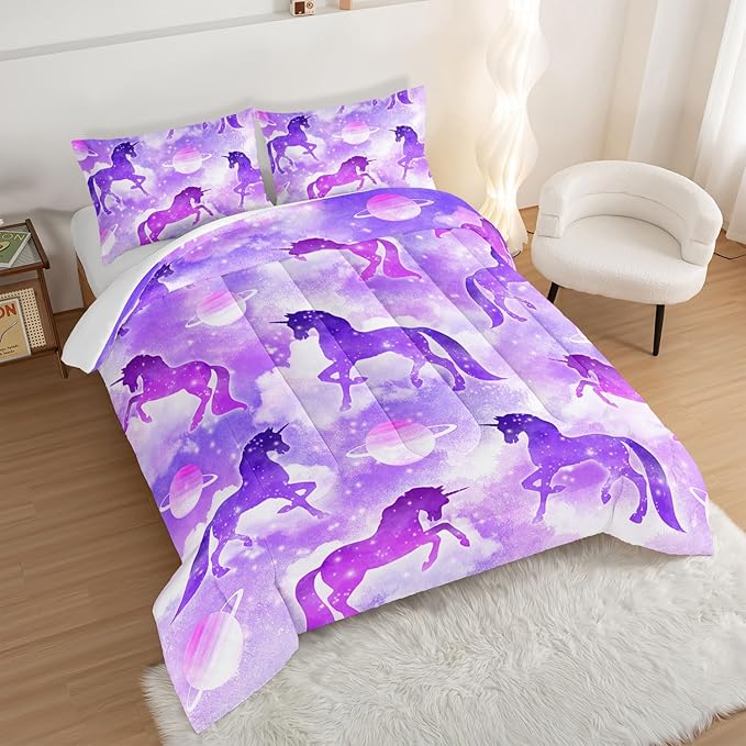 HOSIMA Purple Unicorn Bedding Sets for Girls Kids,3 Piece Soft Microfiber Galaxy Comforter Princess Crib Bedding Set Unicorn Bedroom Decor for Girls Room,Planet Cloud Queen Comforter Set.