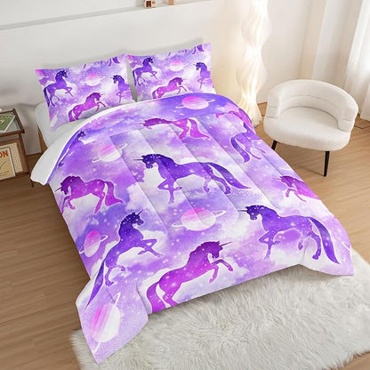HOSIMA Purple Unicorn Bedding Sets for Girls Kids,3 Piece Soft Microfiber Galaxy Comforter Princess Crib Bedding Set Unicorn Bedroom Decor for Girls Room,Planet Cloud Queen Comforter Set.