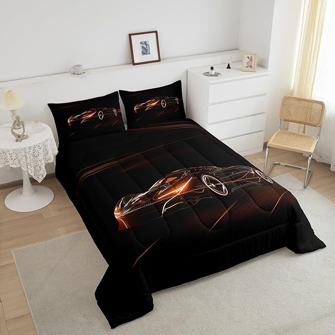 Feelyou Orange Race Car Bedding Set Twin Size for Kids Boys Extreme Sport Games Comforter Set Teens Toddler Fast and Furious Duvet Set Cool Modern Quilt Set 2Pcs