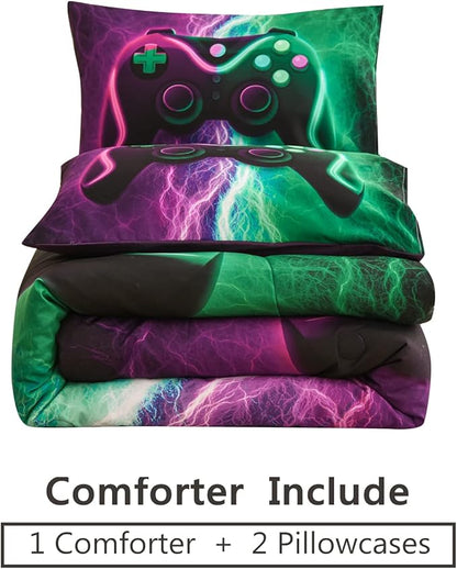 Meeting Story Gamer Comforter Sets for Boys Queen Size Tie Dye Lightnings Gamepad Bedding Set Games Console Action Buttons Novelty Colorful Modern Room Decor Home Quilt Set (Queen, Green-Purple)