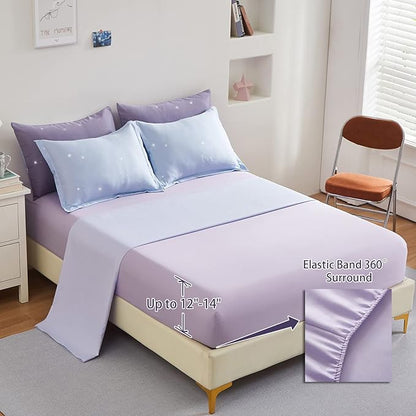 Girls Comforter Set Twin Size 6 Pieces Colorful Ombre Purple Rainbow Bedding Set Bed in A Bag for Kids Teen Girls (1 Comforter, 1 Flat Sheet, 1 Fitted Sheet, 1 Pillow sham, 2 Pillowcases)