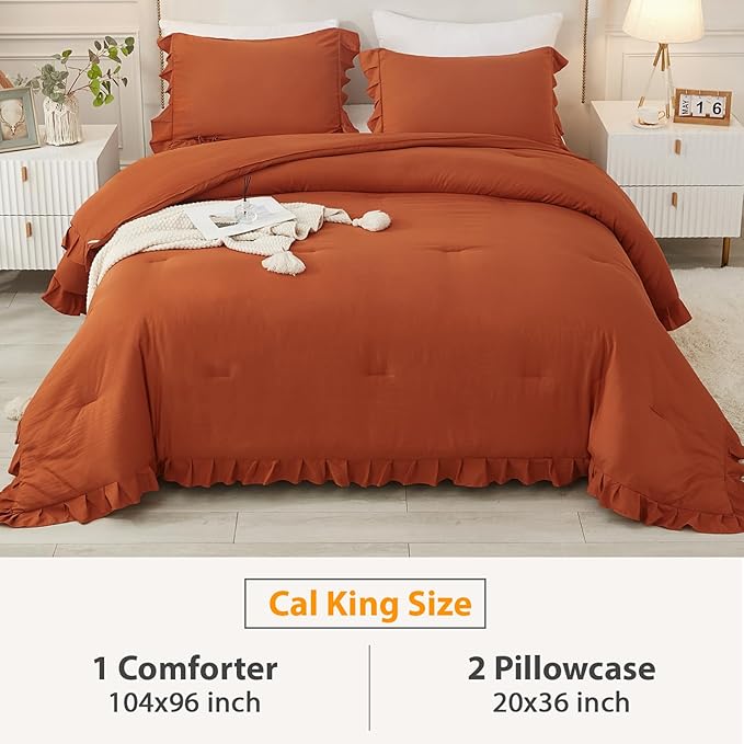 Andency California King Comforter Set Burnt Orange (104x96Inch), 3 Pieces Cal King Ruffle Comforter, Oversized Farmhouse Shabby Chic Bed Comforter, Lighteweight and Soft Microfiber Bedding Set