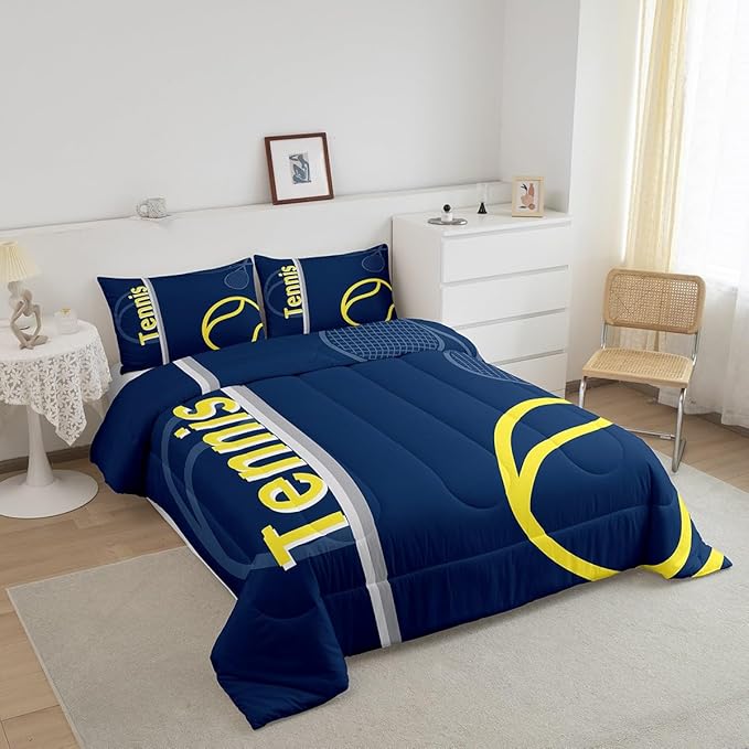 Feelyou Kids Tennis Comforter Set Twin Size Tennis Sports Bedding Set for Boys Girls Teens Bedroom Decor Tennis Gaming Comforter Blue Yellow Tennis Lovers Duvet Set with 1 Pillow Case