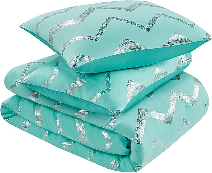Codi Metallic Teal and Silver Comforter Set, Twin/Twin-XL Size, Cute Aqua Turquoise Bedding Sets, 3 Piece (1 Matching Sham + 1 Decorative Pillow)