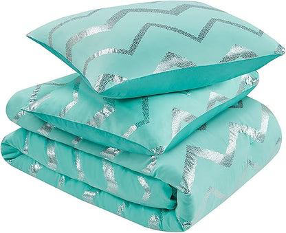 Codi Metallic Teal and Silver Comforter Set, Twin/Twin-XL Size, Cute Aqua Turquoise Bedding Sets, 3 Piece (1 Matching Sham + 1 Decorative Pillow)
