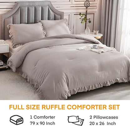 Andency Wheat Ruffle Comforter Full(79x90Inch), 3 Pieces(1 Ruffled Comforter and 2 Pillowcases) Vintage Ruffle Fringe Comforter, Farmhouse Rustic Microfiber Down Alternative Bedding Comforter Set
