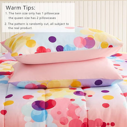 Rainbow Ombre Comforter Set Queen Size for Girls, Colorful Bubbles Polka Dots Comforter for Kids Teen, 3 Piece Orange Pink Purple Blue Gradient Pastel Bedding Set with 2 Pillow Case(Rainbow,Queen)