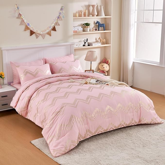 Wowelife Girl Bedding Sets Pink Comforter for Queen Size Bed 7 Pieces Gold Glitter Foil Queen Bedding Set Teen Girl Bedding Pink Full Kids Bedroom Beding Sets with 2 Pillow Shams and 2 Pillowcase