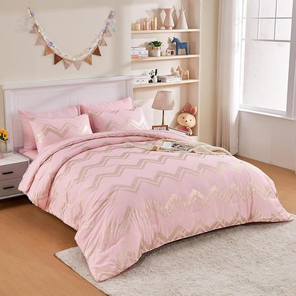 Wowelife Girl Bedding Sets Pink Comforter for Queen Size Bed 7 Pieces Gold Glitter Foil Queen Bedding Set Teen Girl Bedding Pink Full Kids Bedroom Beding Sets with 2 Pillow Shams and 2 Pillowcase