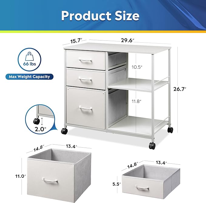 DEVAISE 3 Drawer Mobile File Cabinet, Rolling Printer Stand with Open Storage Shelf, Fabric Lateral Filing Cabinet fits A4 or Letter Size for Home Office, White