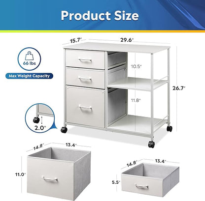DEVAISE 3 Drawer Mobile File Cabinet, Rolling Printer Stand with Open Storage Shelf, Fabric Lateral Filing Cabinet fits A4 or Letter Size for Home Office, White