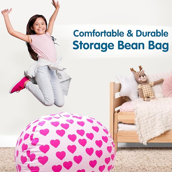 Lukeight Stuffed Animal Storage Bean Bag Chair Cover for Kids, Zipper Beanbag Chair Cover for Organizing Toddler & Kids' Rooms Plush Toys (Heart Velvet, XX-Large)