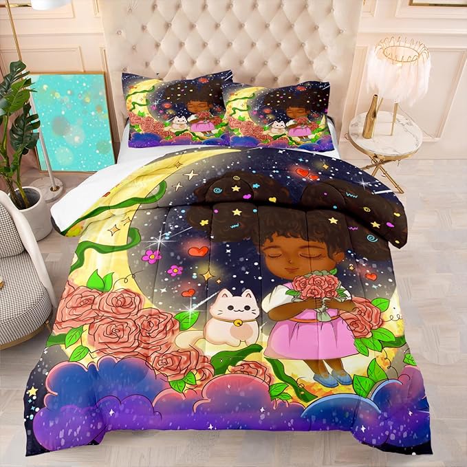 Black Girl Comforter Set - 3 Piece Black Girls Twin Comforter Set for Girls, All-Season Breathable Black Girl Bedding Set for Girls Bedroom Decor with,Queen Size, 1 Comforter + 2 Pillowcases