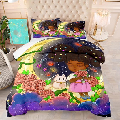 Black Girl Comforter Set - 3 Piece Black Girls Twin Comforter Set for Girls, All-Season Breathable Black Girl Bedding Set for Girls Bedroom Decor with,Queen Size, 1 Comforter + 2 Pillowcases