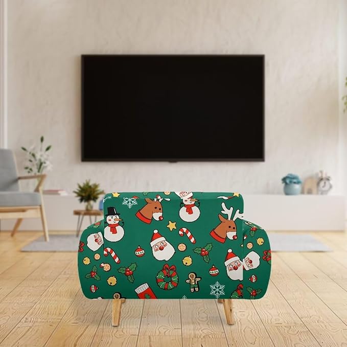 FKELYI Christmas Decorations Green Sofa Slipcover Santa Claus Stretch Sofa Couch Cover for Indoor Washable Furniture Protector with Elastic Bottom M