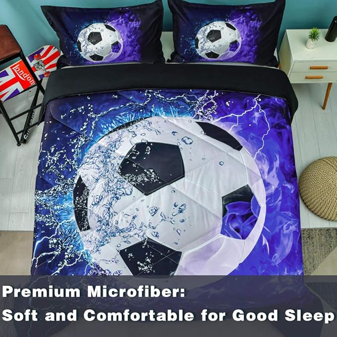 Andency 3D Soccer Comforter Full(79x90 Inch), 3 Pieces(1 Soccer Comforter, 2 Pillowcases) Sport Microfiber Soccer Comforter Set Bedding Set for Boy Kids Teens