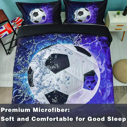 Andency 3D Soccer Comforter Full(79x90 Inch), 3 Pieces(1 Soccer Comforter, 2 Pillowcases) Sport Microfiber Soccer Comforter Set Bedding Set for Boy Kids Teens