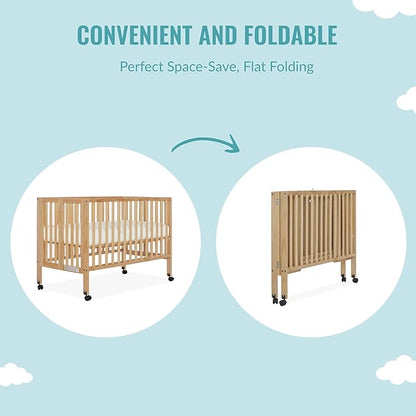 Quinn Full-Size Folding Crib in Natural, Removeable Wheels, Modern Nursey, Adjustable Mattress Support, Portable Crib, Patented Folding System