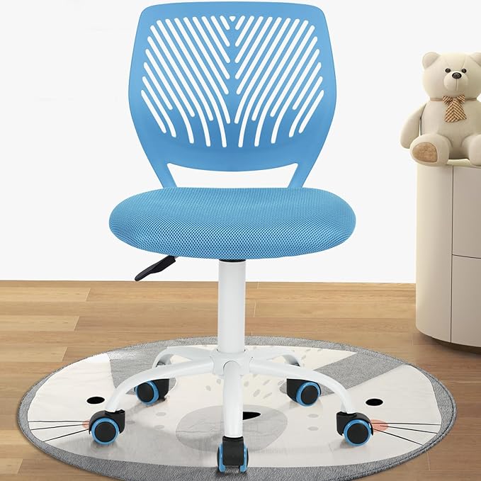FurnitureR Desk Chair Small Study Chairs Armless for Child Kids Teens, Swivel Rolling Lightweight Task Chair with Wheels and Mesh Padded Cushion, Blue