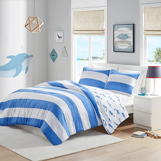 Mizone Kids Blake Reversible Dolphin Comforter Set - Adventure Animal Adorable Print with Stripe Reverse, Fun Bedroom Décor, Modern All Season Kids Bedding, Matching Sham, Full/Queen, Blue 3 Piece