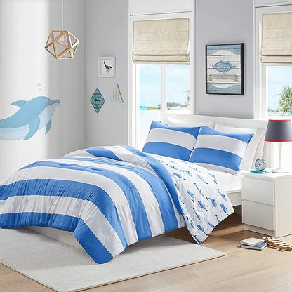 Mizone Kids Blake Reversible Dolphin Comforter Set - Adventure Animal Adorable Print with Stripe Reverse, Fun Bedroom Décor, Modern All Season Kids Bedding, Matching Sham, Blue 2 Piece, Full/Queen