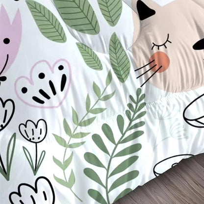 Cartoon Cat Comforter Set Queen Size Floral Bedding for Teen Girls Boys Women Green Animals Print Bedroom Quilt 1 Comforter + 2 Pillow Cases