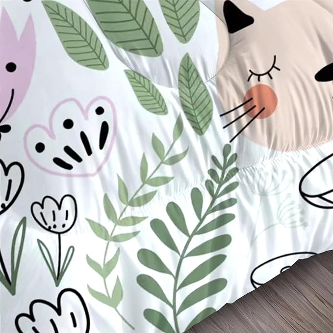 Floral Cartoon Cat Comforter Set Bedding Twin Size for Girls Boys Kids Children Green Animals Print Bedroom Dorm Quilt 1 Comforter + 1 Pillow Case