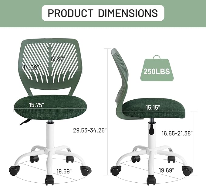 FurnitureR Kids Desk Chair, Home Office Chair Small Armless Cute with Padded Fabric Cushion and Plastic Mid Back Rolling Adjustable Swivel Computer Task Chair for Child Student, Dark Green