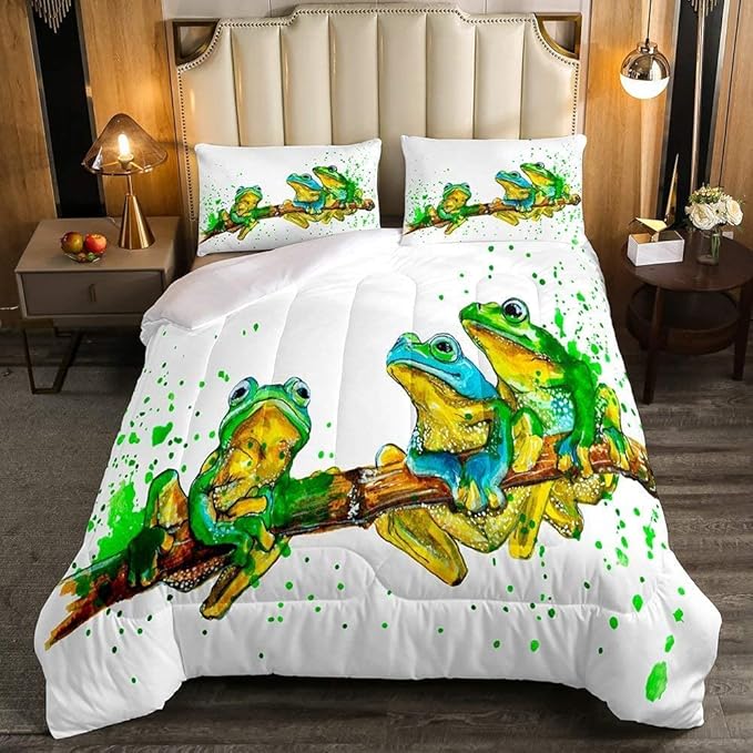 Erosebridal Cartoon Frog Comforter Set King Size, Green Tie Dye Down Comforter, Tree Branch Quilted Duvet,Animal Soft Duvet Insert for Kid Adult, White Room Decor Bedding Comforter Set